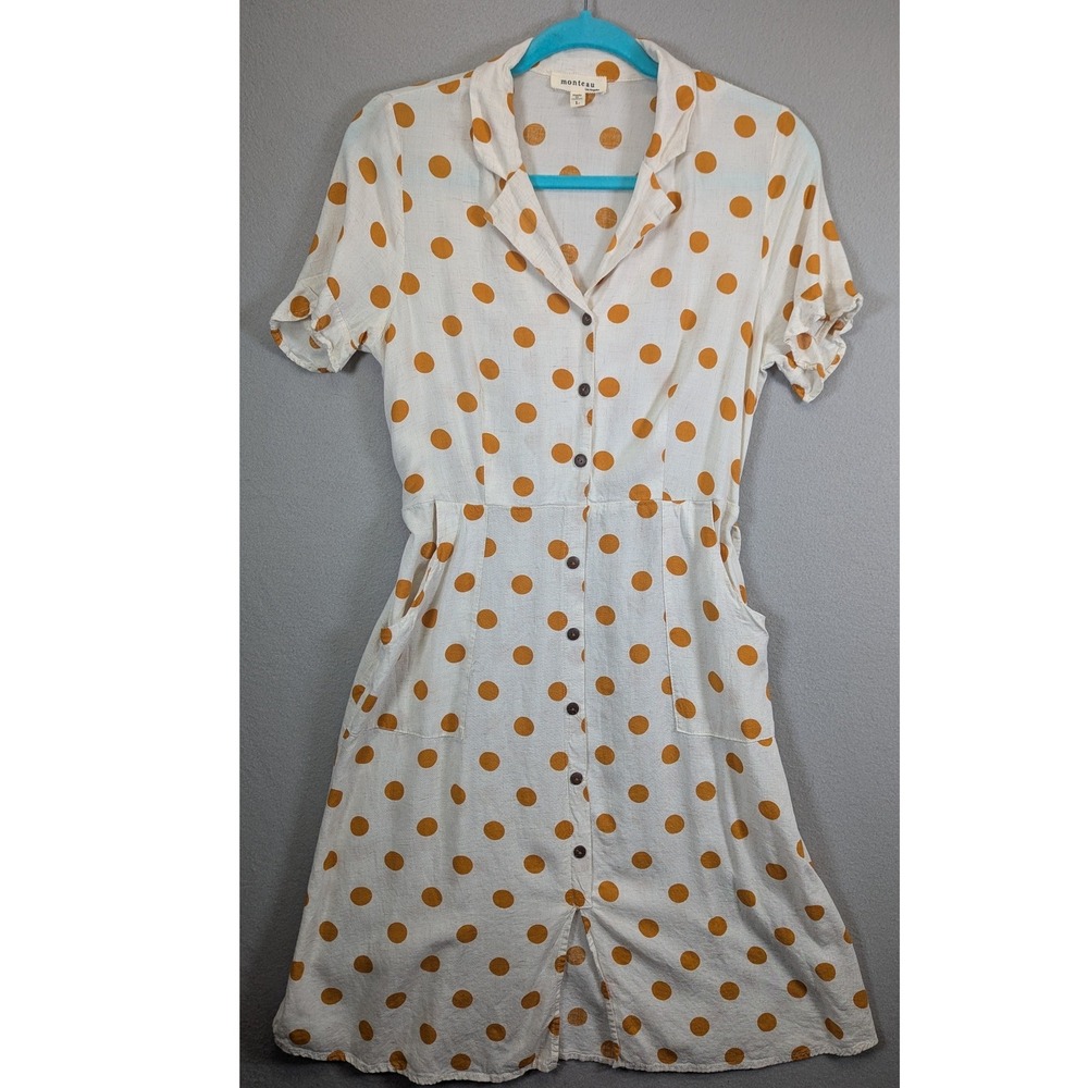 Monteau Los Angeles Polka Dot Linen Blend Button Front Dress Mustard White L